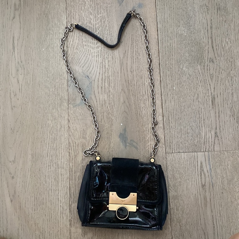 Diane Von Furstenberg DVF Crossbody Handbag Harper Black Patten Leather Purse